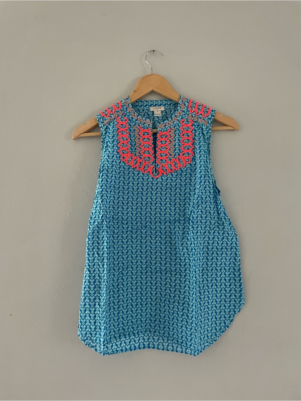 J. Crew Factory Sleeveless Blue Printed Tank with Coral Trim
